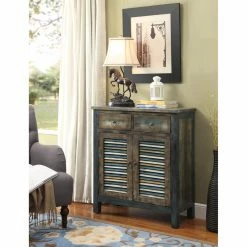 Discount ⌛ Wood Accent Cabinets & Decorative Chests Acme Furniture Glancio Antique Oak And Teal Console Table With Doors ✔️