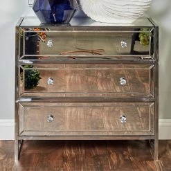 Flash Sale ⌛ Fully Assembled Accent Cabinets & Decorative Chests DecMode Modern Wood And Stainless Steel 3 Drawer Mirrored Decorative Chest 😀