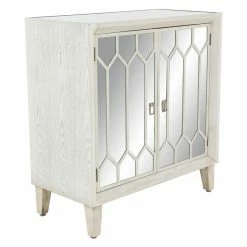 Outlet ⌛ Fully Assembled Accent Cabinets & Decorative Chests DecMode Modern White Wood Iron Stainless Steel And Mirror 2 Door Cabinet 🌟