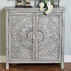 Coupon 🎁 Fully Assembled Accent Cabinets & Decorative Chests DecMode Traditional Carved Design 2 Door Wooden Cabinet ✔️