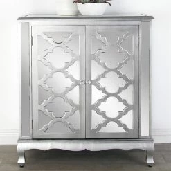 Coupon 🔥 Fully Assembled Accent Cabinets & Decorative Chests DecMode Modern Wood With Mirrored Panels 2 Door Lattice-Designed Cabinet 💯