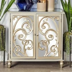 Budget ⌛ Fully Assembled Accent Cabinets & Decorative Chests DecMode Modern 2 Door Wood And Mirror Scrolled Cabinet ❤️