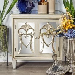 Discount 🌟 Fully Assembled Accent Cabinets & Decorative Chests DecMode Modern 2 Door Wood And Mirror Carved Filigree Cabinet ⌛